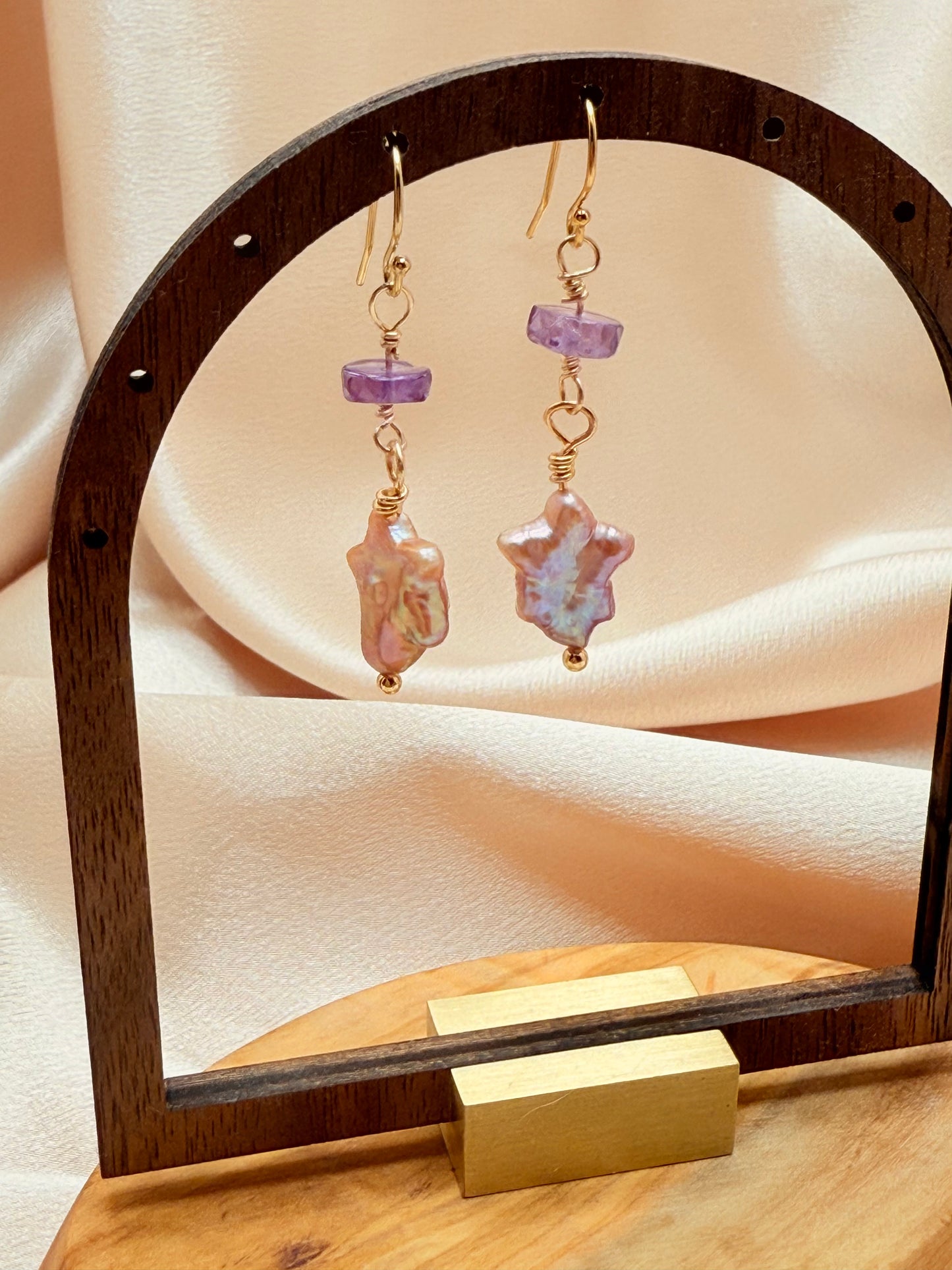 Starlight Amethyst Dangle Earrings-Baroque Pearl Star with Amethyst Accent