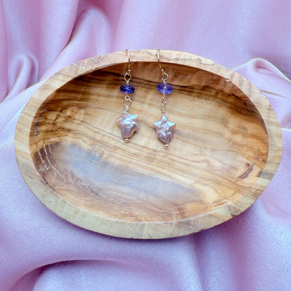 Starlight Amethyst Dangle Earrings-Baroque Pearl Star with Amethyst Accent
