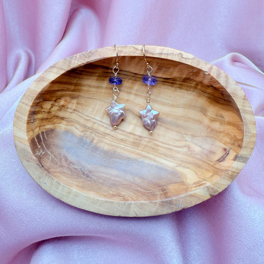 Starlight Amethyst Dangle Earrings-Baroque Pearl Star with Amethyst Accent