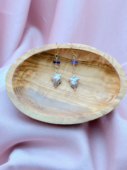 Starlight Amethyst Dangle Earrings-Baroque Pearl Star with Amethyst Accent